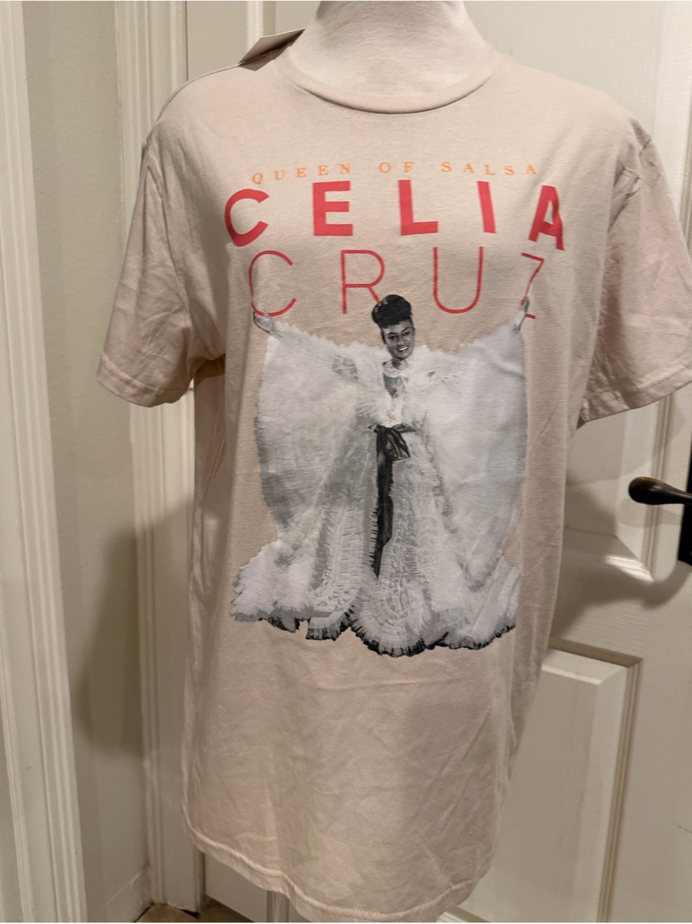 Celia Cruz 'Queen of Salsa' Graphic Tee in Cream with Red Text